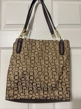 Calvin Klein Elaine Signature Triple Beige and Dark Brown Monogram Tote